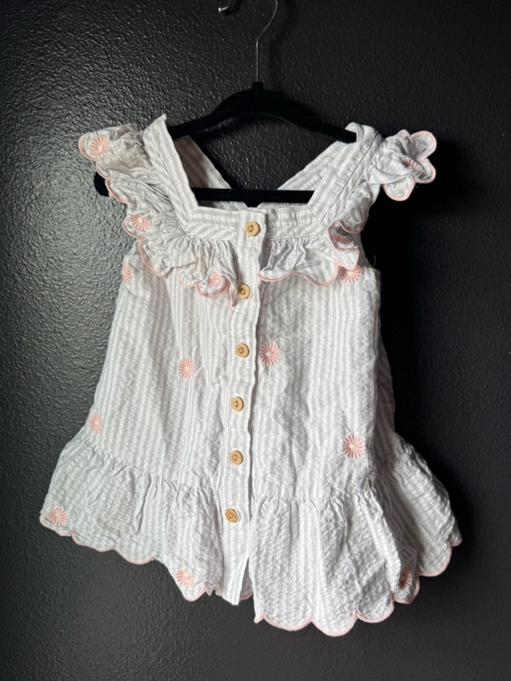 Happily Grey Kids White Eyelet Button-Front Ruffle Tank with Pink Embroidery